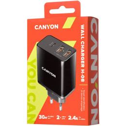Мережевий зарядний пристрій Canyon H-08 1xUSB-C 2xUSB-A PD3.0 30W (CNE-CHA08B) Black