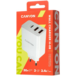 Мережевий зарядний пристрій Canyon H-08 1xUSB-C 2xUSB-A PD3.0 30W (CNE-CHA08W) White