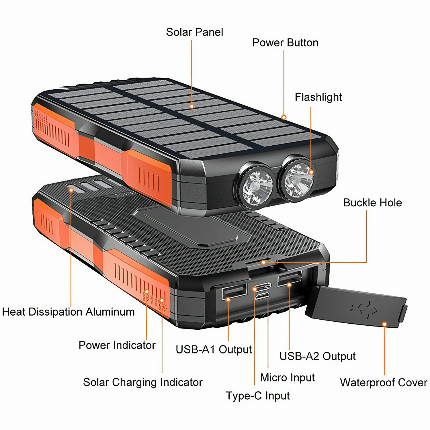 Power Bank на солнечной батарее iBattery YD-819w c фонариком и беспроводной зарядкой QI 25000 mAh черно-оранжевый