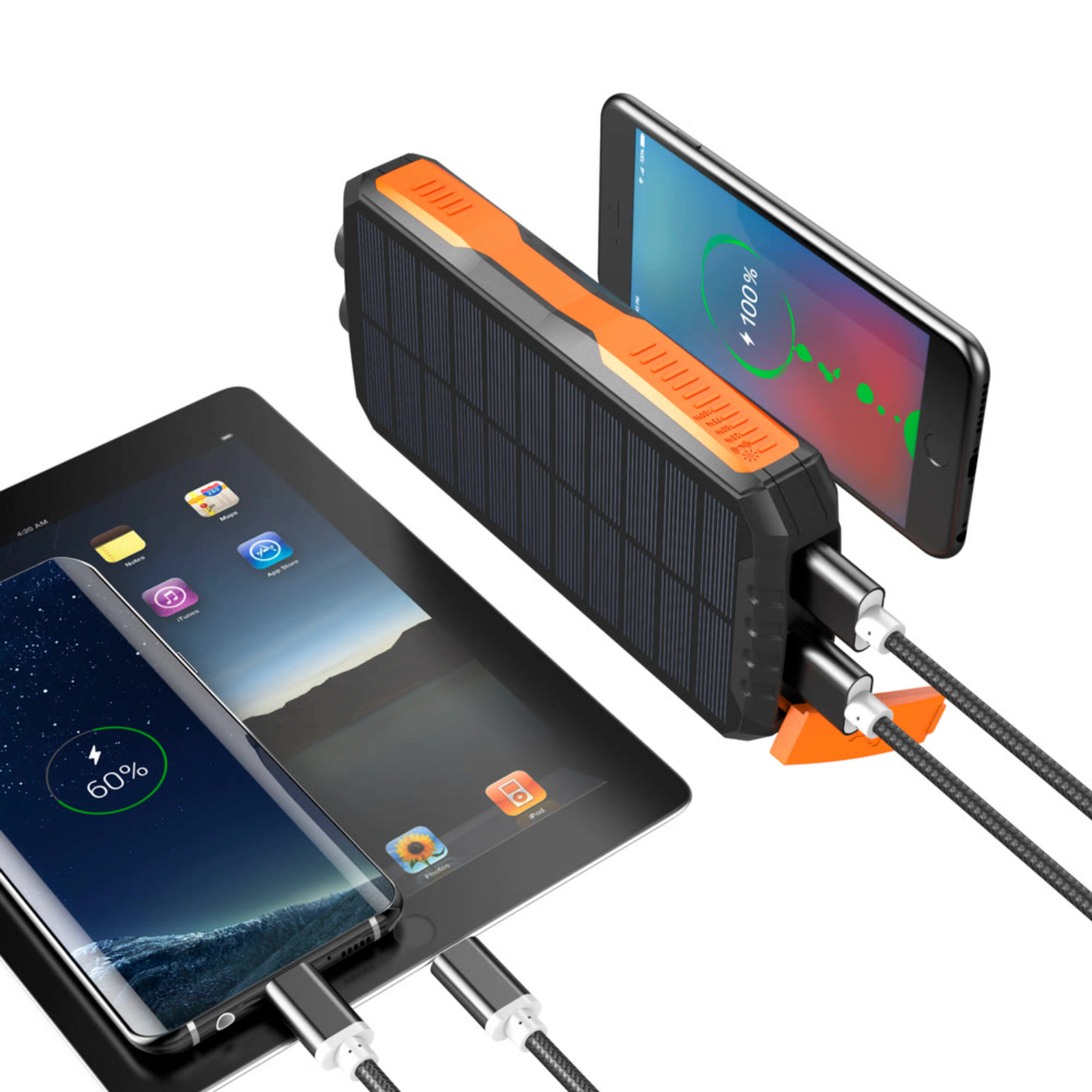 Power Bank на солнечной батарее iBattery YD-819w c фонариком и беспроводной зарядкой QI 25000 mAh черно-оранжевый