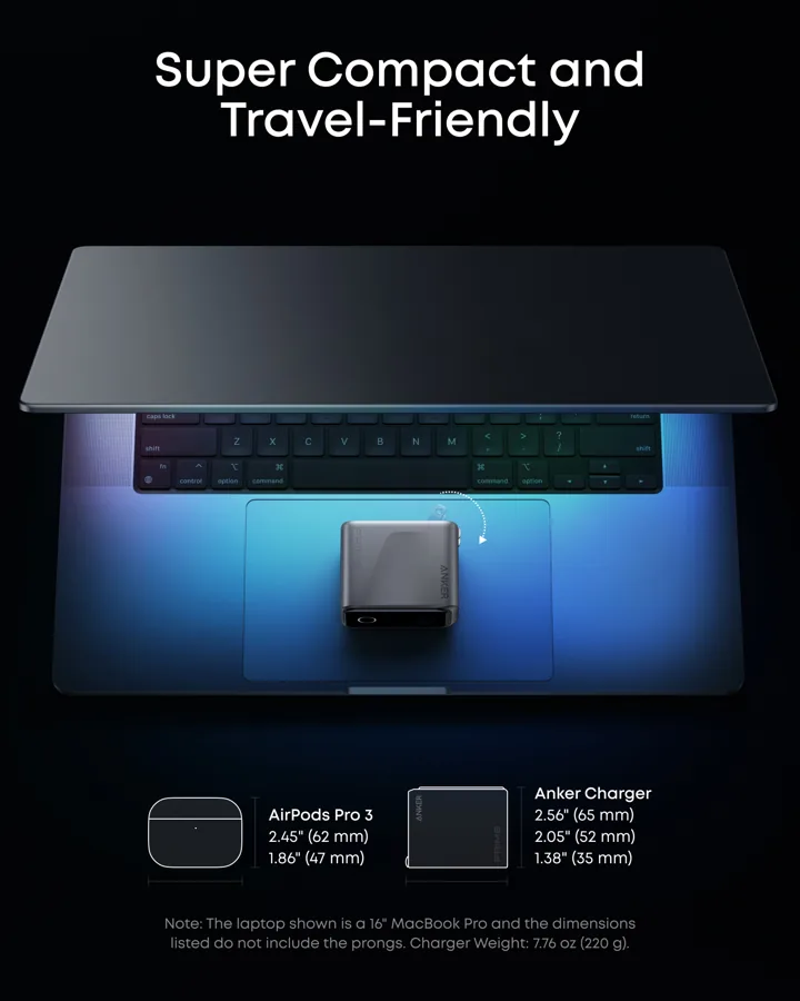 Anker Prime 160W рядом с MacBook — размер зарядки