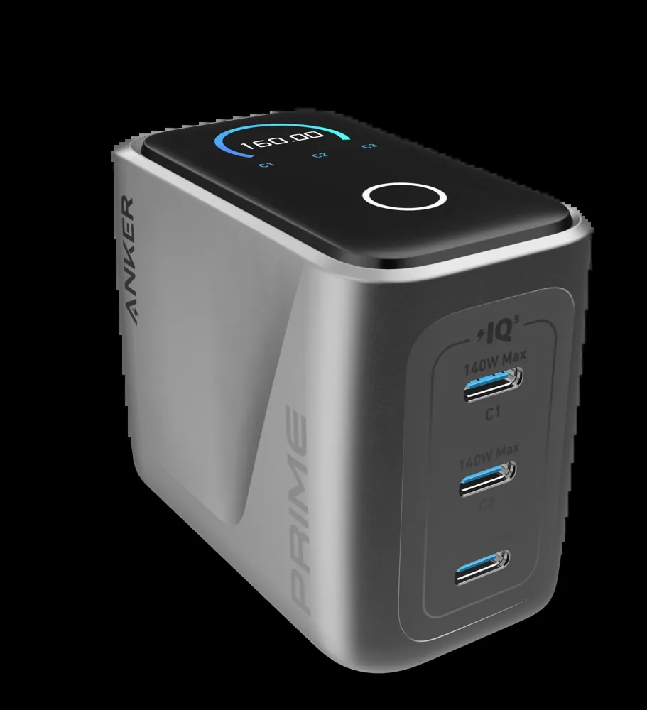 Сетевая зарядка Anker Prime 160W с дисплеем, серебристый корпус, три порта USB-C