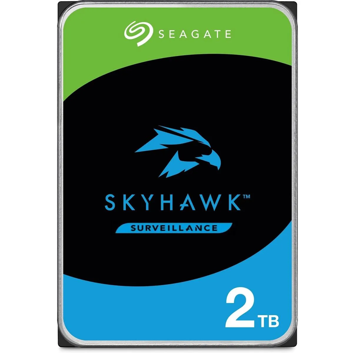 Жорсткий диск 3.5 SATA 2TB Seagate SkyHawk з чорно-зеленою етикеткою та логотипом