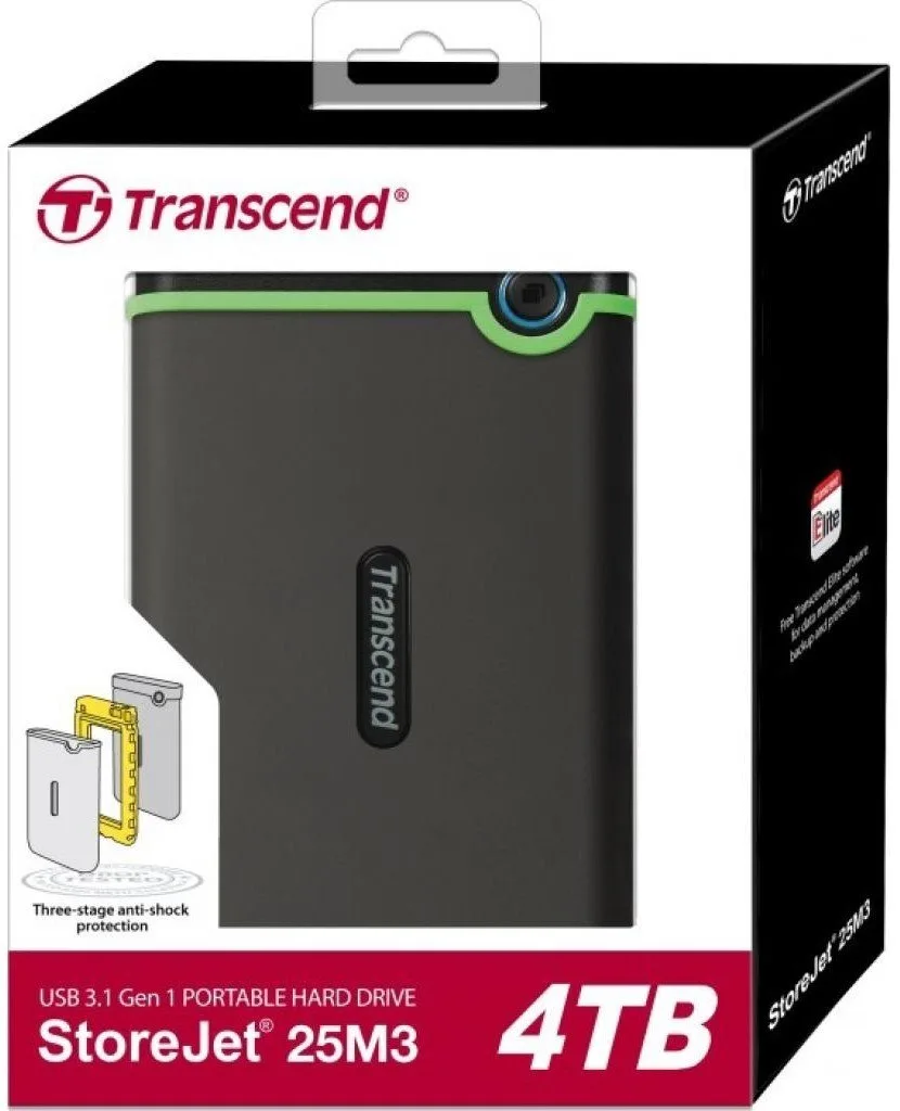Фірмова біло-червона коробка зовнішнього жорсткого диска Transcend StoreJet 25M3 4TB