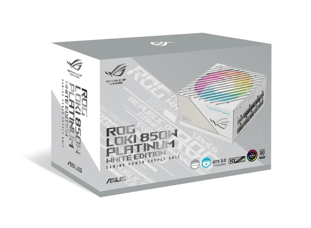 Фирменная светло-серая коробка блока питания Asus ROG Loki SFX-L 850W Platinum White Edition