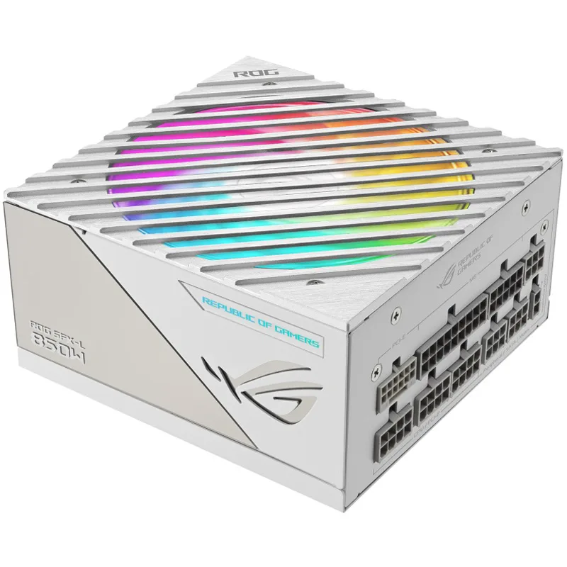 Белый блок питания Asus ROG Loki SFX-L 850W Platinum в перспективе с подсвечиваемым вентилятором
