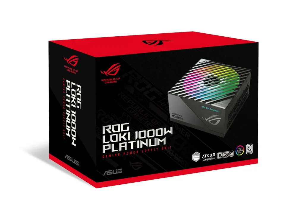Черно-красная упаковка блока питания Asus ROG Loki SFX-L 1000W Platinum