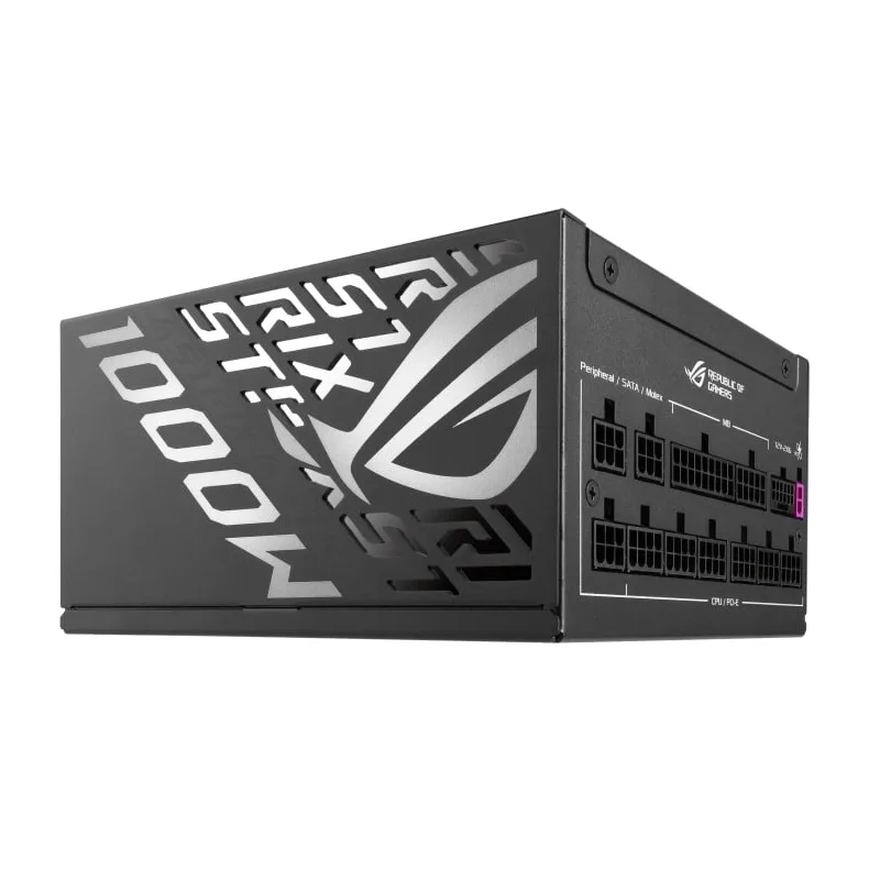 Блок питания Asus ROG Strix 1000P Gaming со стороны модульных коннекторов и боковой надписи 1000W