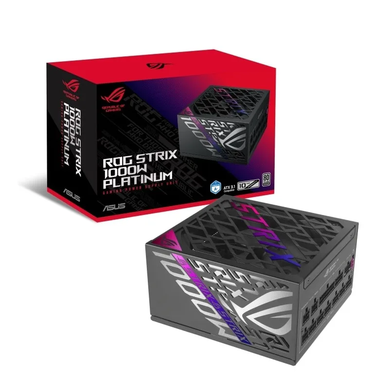 Блок питания Asus ROG Strix 1000P Gaming рядом с черно-красной коробкой