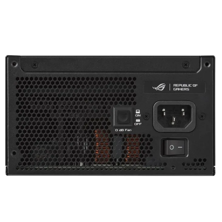 Задняя панель блока питания Asus ROG Strix 850P Gaming с клавишей 0 dB Fan и гнездом питания