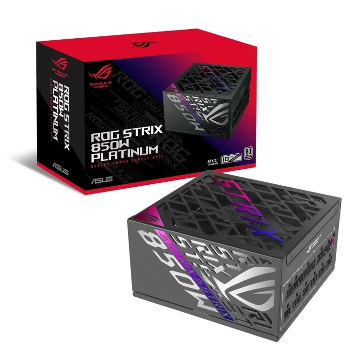 Блок питания Asus ROG Strix 850P Gaming рядом с фирменной красно-черной коробкой