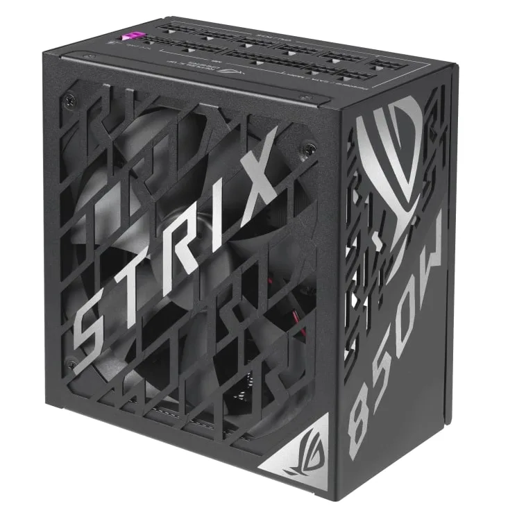 Блок питания Asus ROG Strix 850P Gaming в вертикальном ракурсе с решеткой Strix