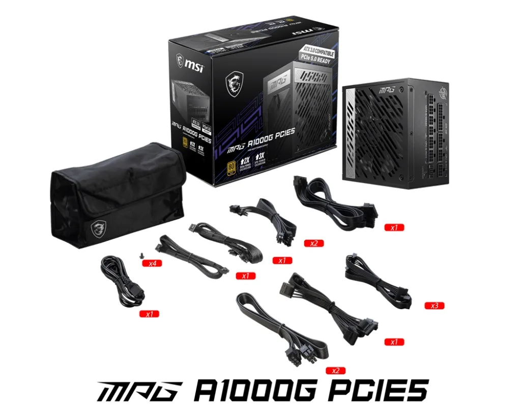 Комплект блока питания MSI MPG A1000G PCIE5 с модульными кабелями, чехлом и фирменной коробкой