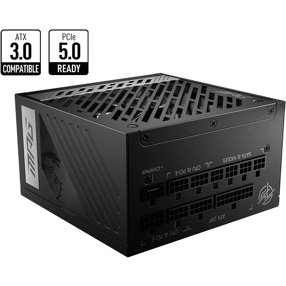 Блок питания MSI MPG A1000G PCIE5 1000W с отметками совместимости ATX 3.0 и PCIe 5.0