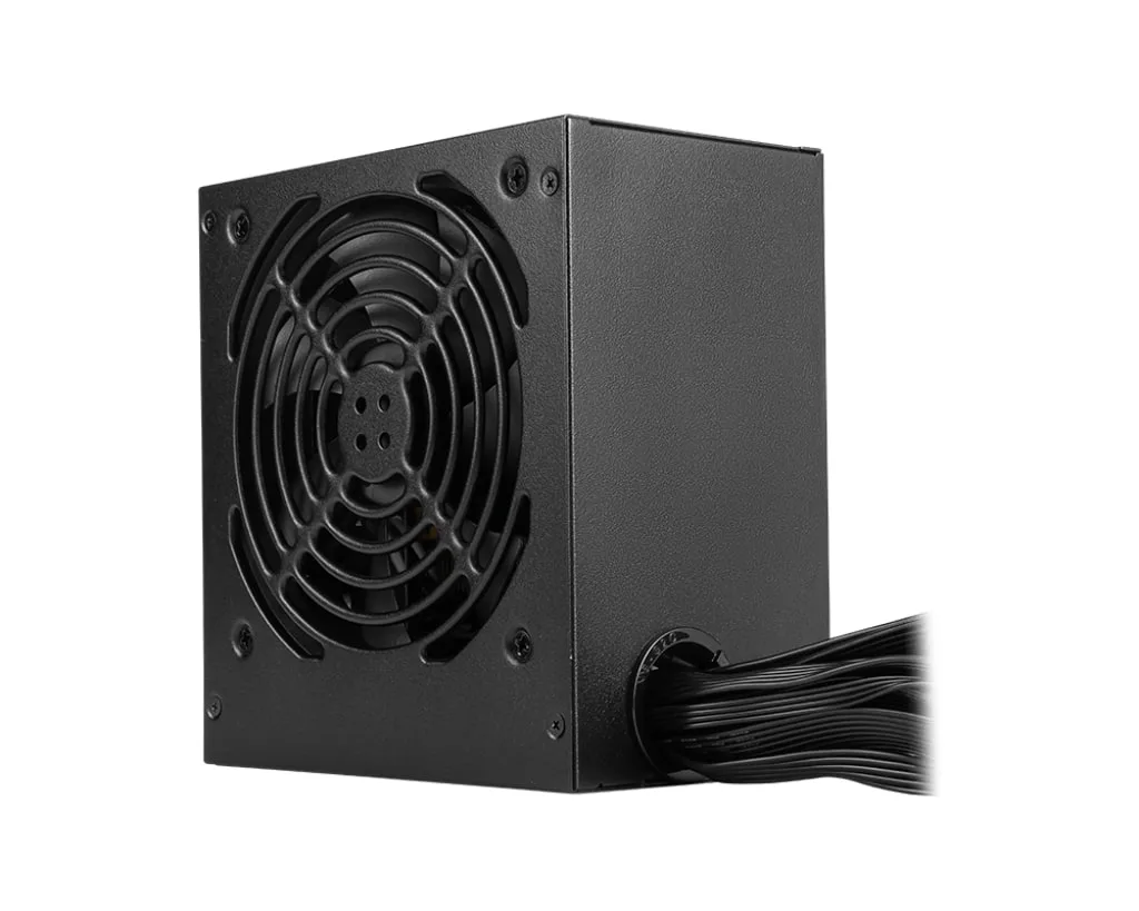 Блок питания MSI MAG A850GN PCIE5 850W в вертикальном ракурсе с концентрической решеткой кулера