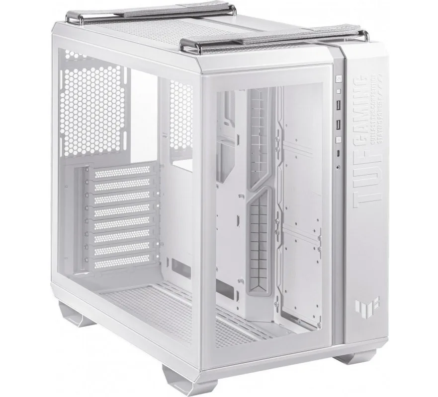 Белый корпус Asus TUF Gaming GT502 Plus White в верхнем ракурсе со светлыми ручками