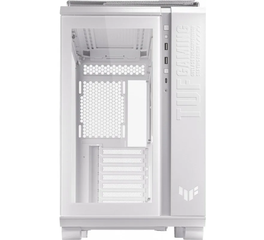 Прямой вид на переднюю панель белого компьютерного корпуса Asus TUF Gaming GT502 Plus White