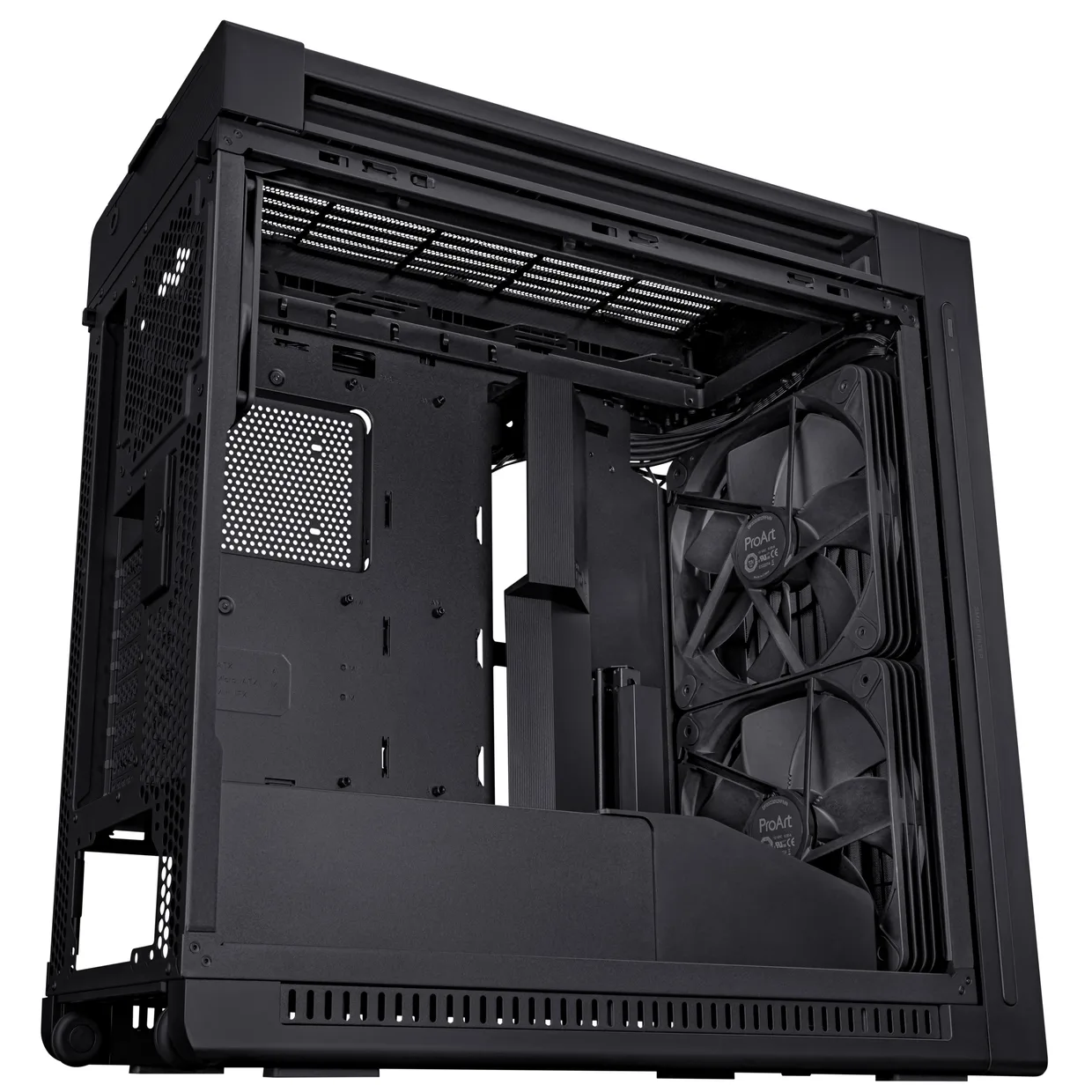 Внутреннее пространство корпуса Asus ProArt PA602 с двумя установленными фронтальными кулерами