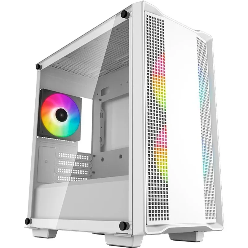 Белый корпус для ПК DeepCool CC360 WH ARGB с прозрачной боковой панелью и включенной подсветкой вентиляторов