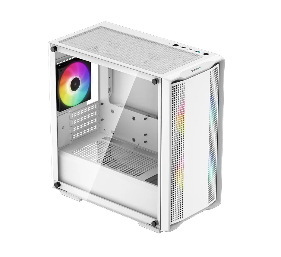 Белый корпус для ПК DeepCool CC360 WH ARGB со стеклянной панелью, вид в три четверти сверху