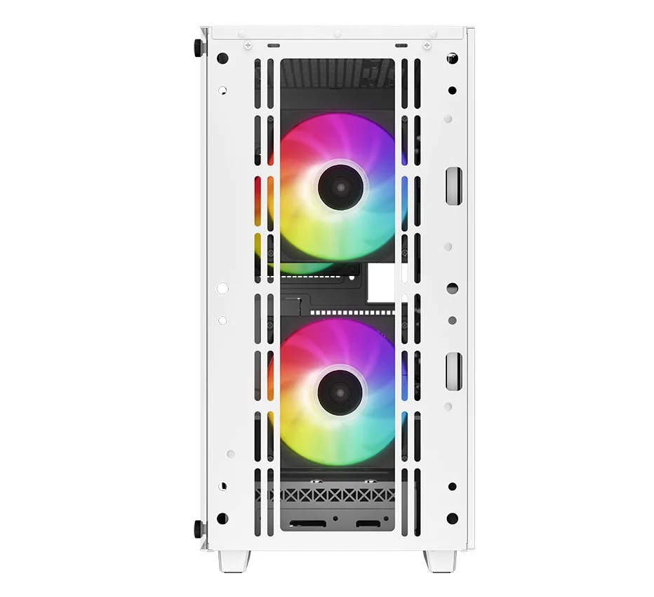 Передняя часть шасси белого корпуса DeepCool CC360 WH ARGB с двумя установленными ARGB-вентиляторами
