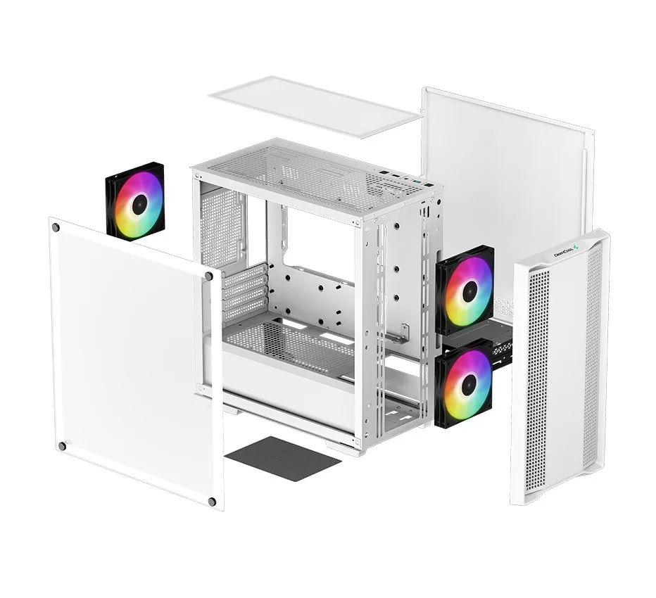 Схема компонентов белого корпуса для ПК DeepCool CC360 WH ARGB в разобранном виде