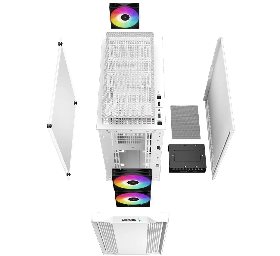 Разобранное шасси компьютерного корпуса DeepCool CC360 WH ARGB со съемными деталями, вид сверху