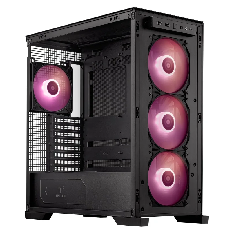 Шасси корпуса Asus TUF Gaming GT302 ARGB со снятыми внешними панелями и четырьмя ARGB-вентиляторами