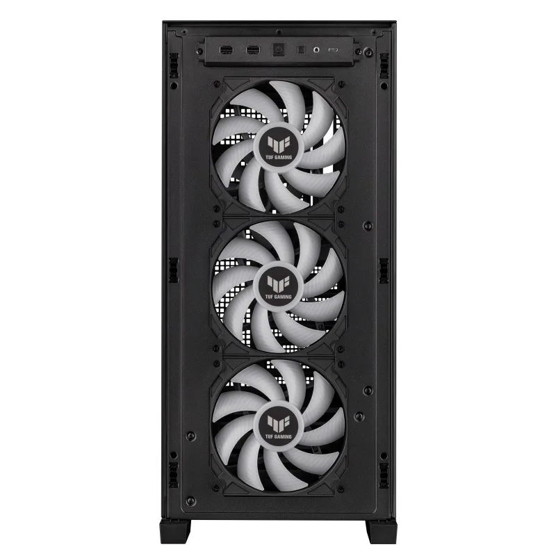 Передняя сторона шасси Asus TUF Gaming GT302 ARGB с тремя установленными вентиляторами