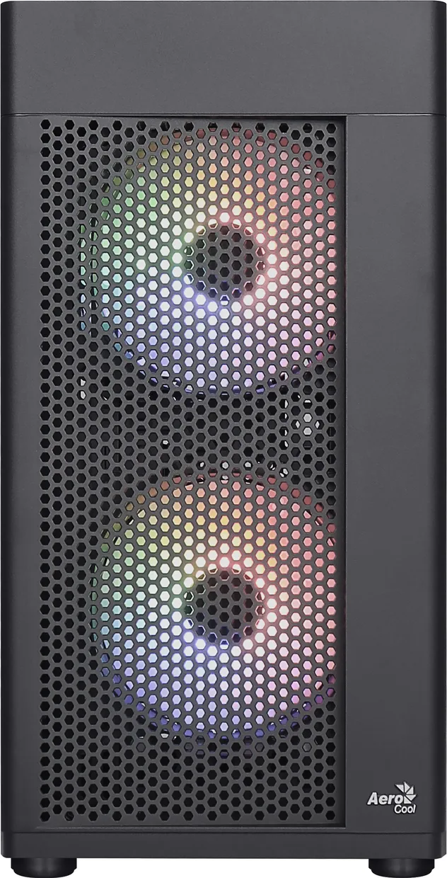 Передняя часть корпуса AeroCool Hexform-G-BK-v2 с включенной подсветкой двух вентиляторов