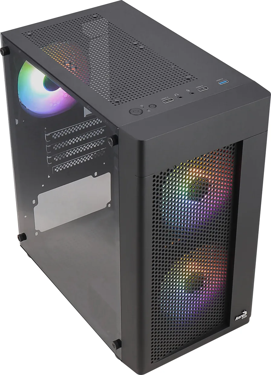 Корпус AeroCool Hexform-G-BK-v2 со включенной разноцветной RGB-подсветкой кулеров, вид сверху
