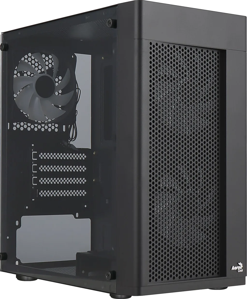 Корпус для ПК AeroCool Hexform-G-BK-v2 с прозрачным боковым стеклом и выключенным вентилятором