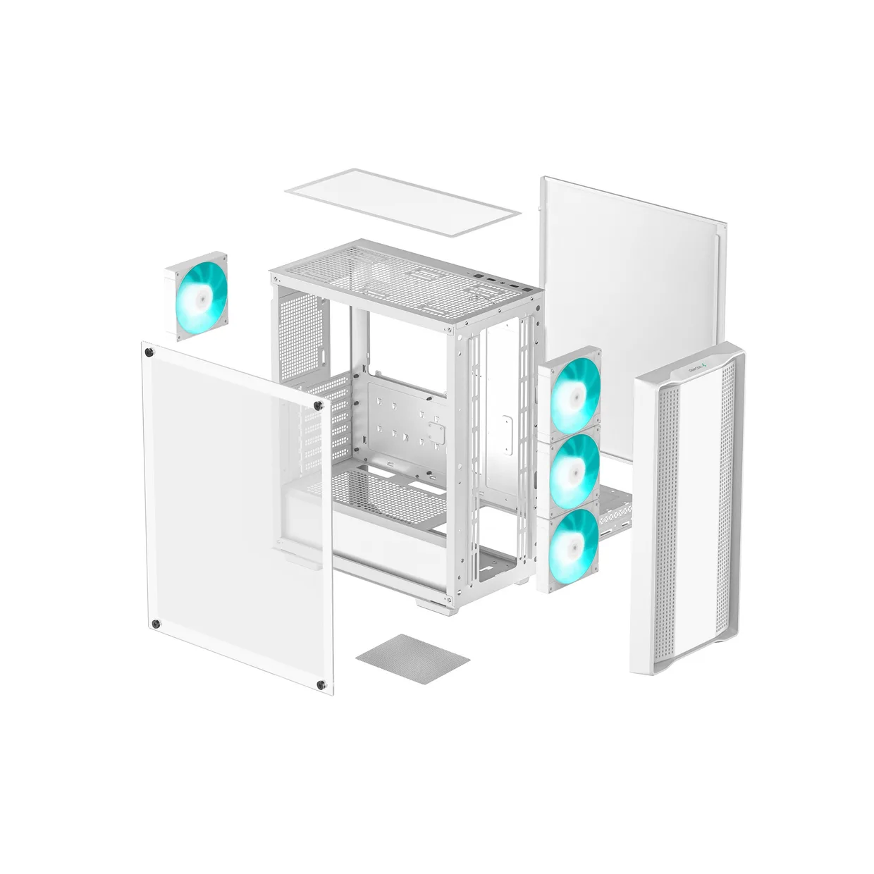 Разобранная конструкция белого корпуса DeepCool CC560 V2 White со стеклянной панелью, сетками и вентиляторами