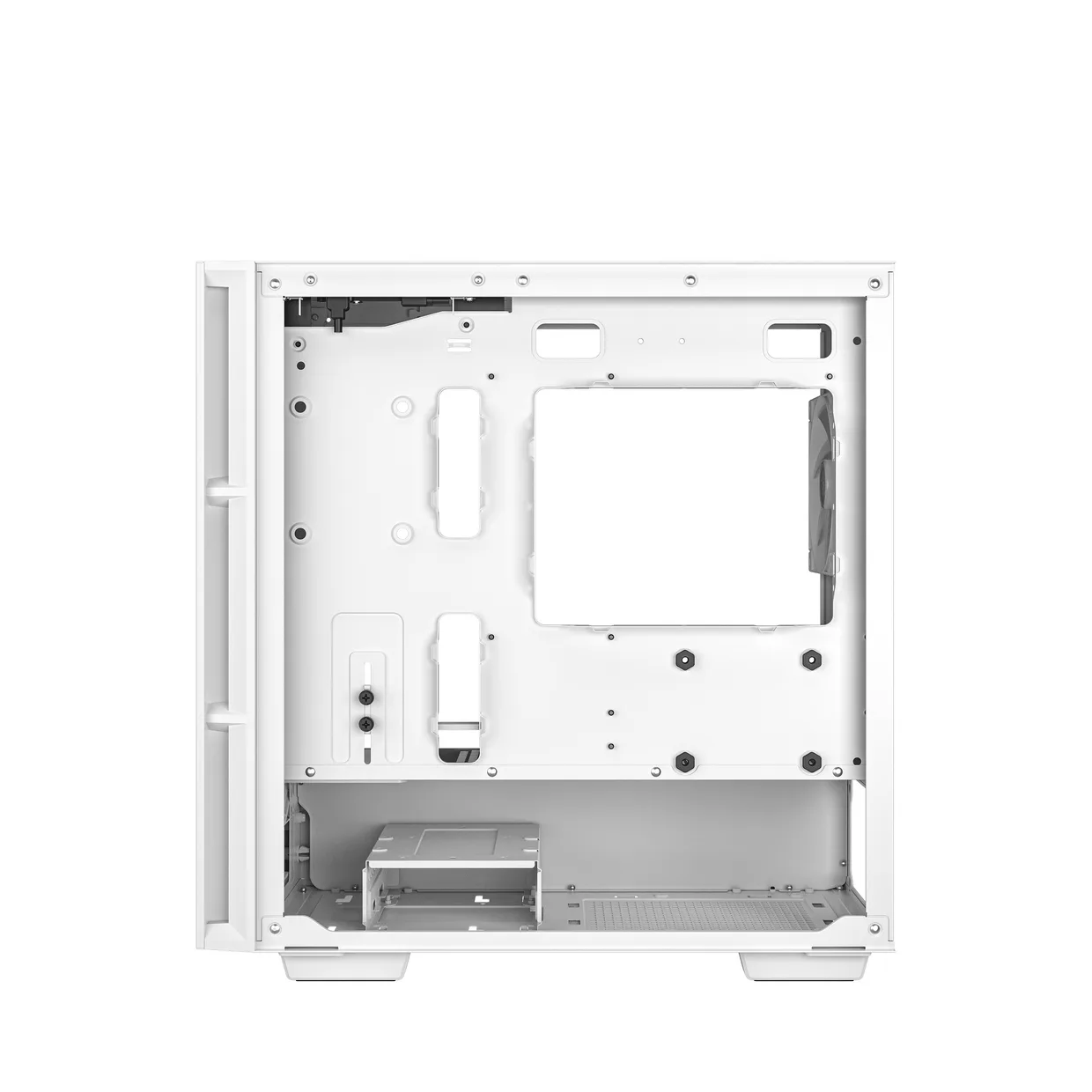 Обратная сторона шасси корпуса DeepCool CH360 White для укладки кабелей и корзиной для накопителя