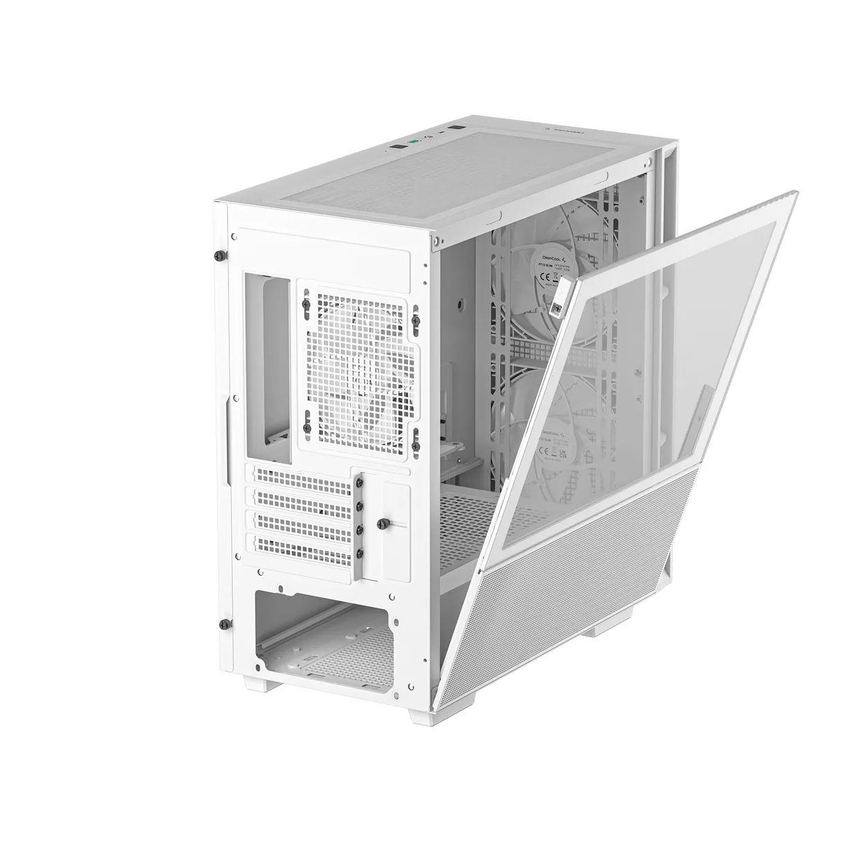 Белый корпус DeepCool CH360 White с наклоненной стеклянной панелью и видом на заднюю часть