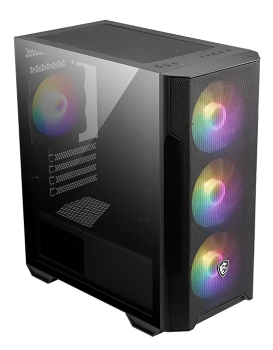 Корпус MSI MAG Forge M100R черного цвета с верхним пылевым фильтром и стеклянной стенкой