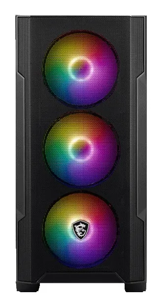 Передняя сетчатая панель корпуса MSI MAG Forge M100R с тремя RGB-вентиляторами и логотипом MSI