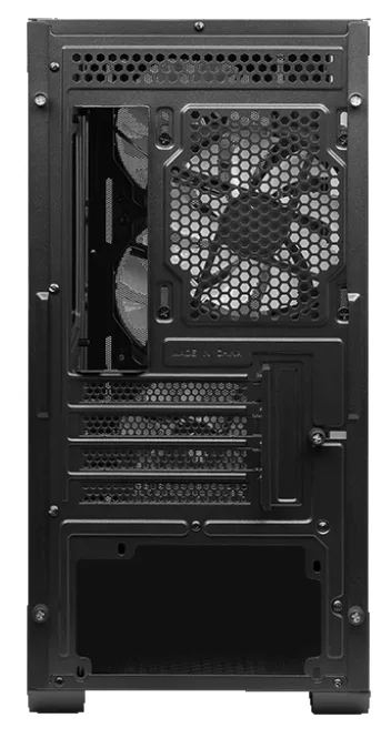 Задняя часть черного компьютерного корпуса MSI MAG Forge M100R с вентиляционной решеткой