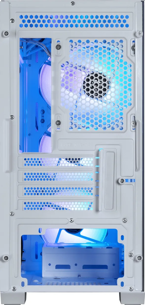 Задняя панель белого корпуса MSI MAG Forge M100R White с решеткой вентилятора и слотами расширения