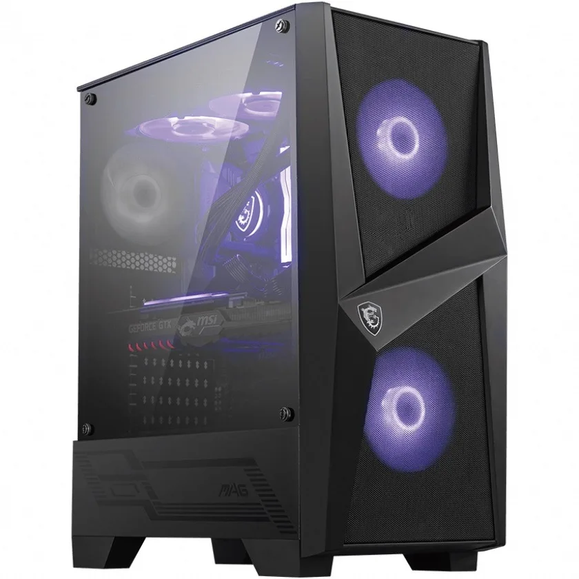 Собранный ПК в черном корпусе MSI MAG Forge 100M с прозрачным стеклом и фиолетовой RGB-подсветкой