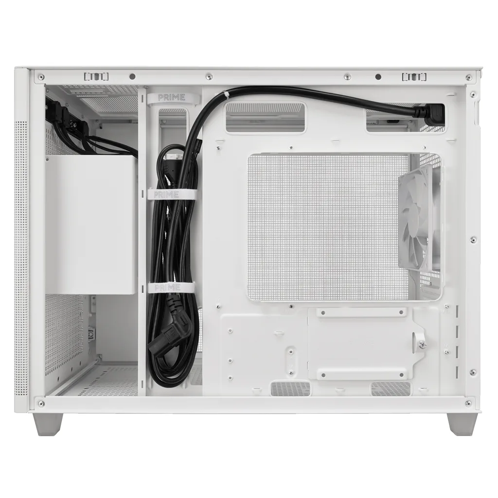 Обратная сторона шасси корпуса Asus Prime AP201 White с фиксаторами для кабелей питания