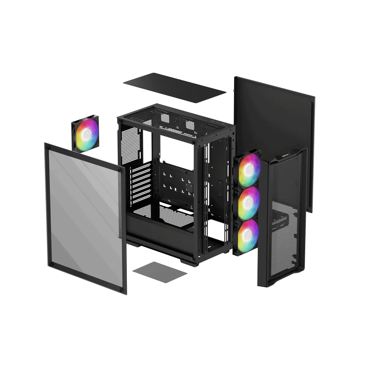 Разобранная конструкция черного корпуса DeepCool CC560 Mesh V2 со съемными панелями и вентиляторами