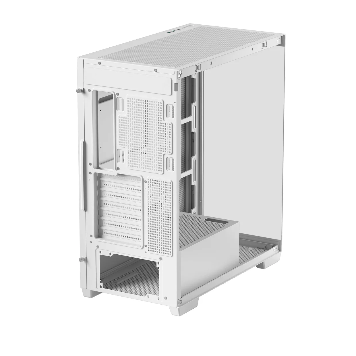 Задняя часть белого корпуса DeepCool CG580 с отверстиями для вентилятора и слотов
