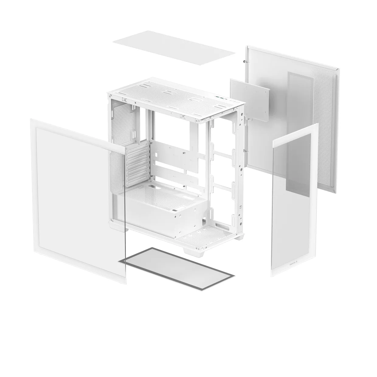 Схема компонентов белого панорамного корпуса DeepCool CG580 White в разобранном виде