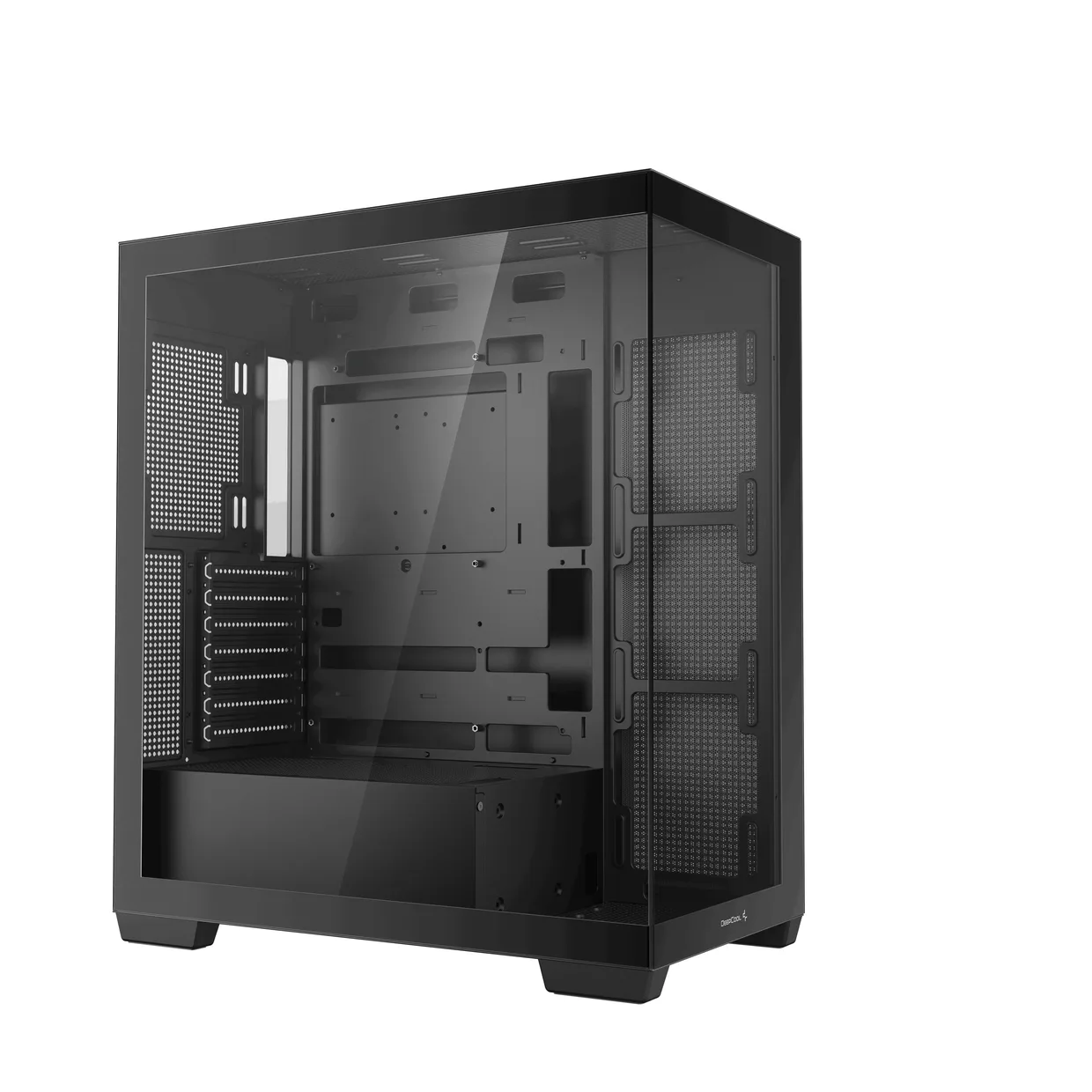 Чёрный компьютерный корпус DeepCool CG580 с панорамными стеклянными панелями и открытым внутренним пространством