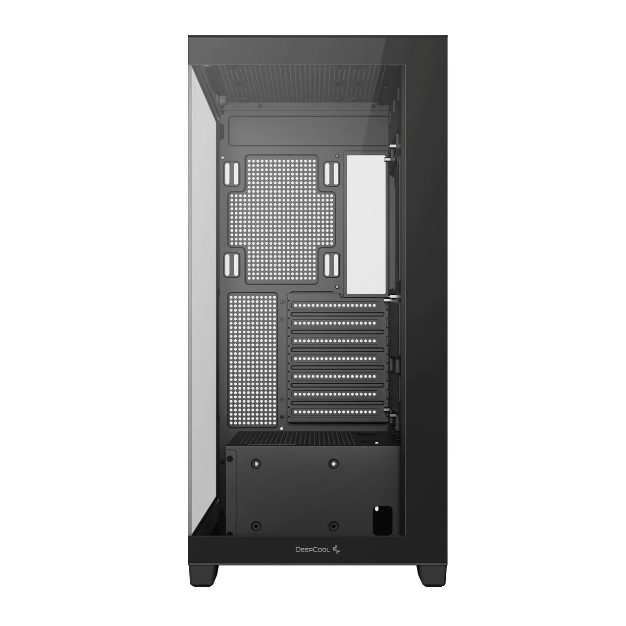 Вид спереди через прозрачную стеклянную панель чёрного корпуса DeepCool CG580