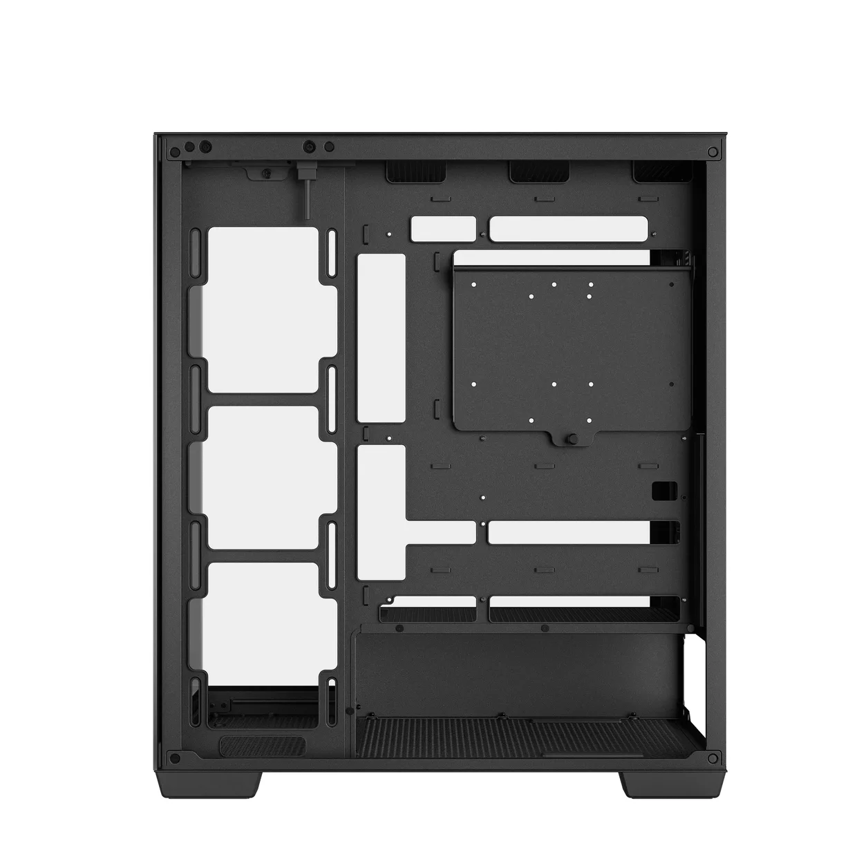 Задняя часть шасси чёрного корпуса DeepCool CG580 для укладки кабелей и установки накопителей