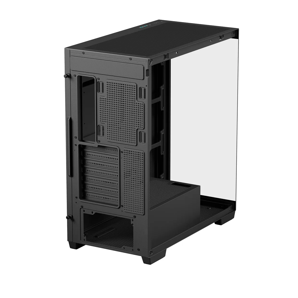 Задняя панель чёрного корпуса DeepCool CG580 с отверстиями для портов ввода-вывода и планок расширения