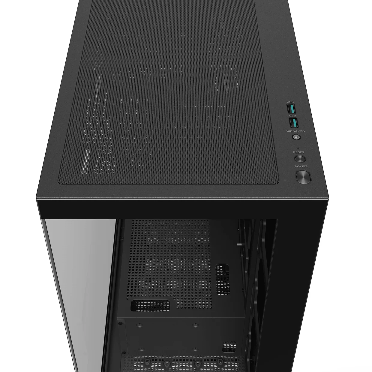 Верхняя панель чёрного корпуса DeepCool CG580 с пылевым фильтром, кнопками питания и разъемами USB