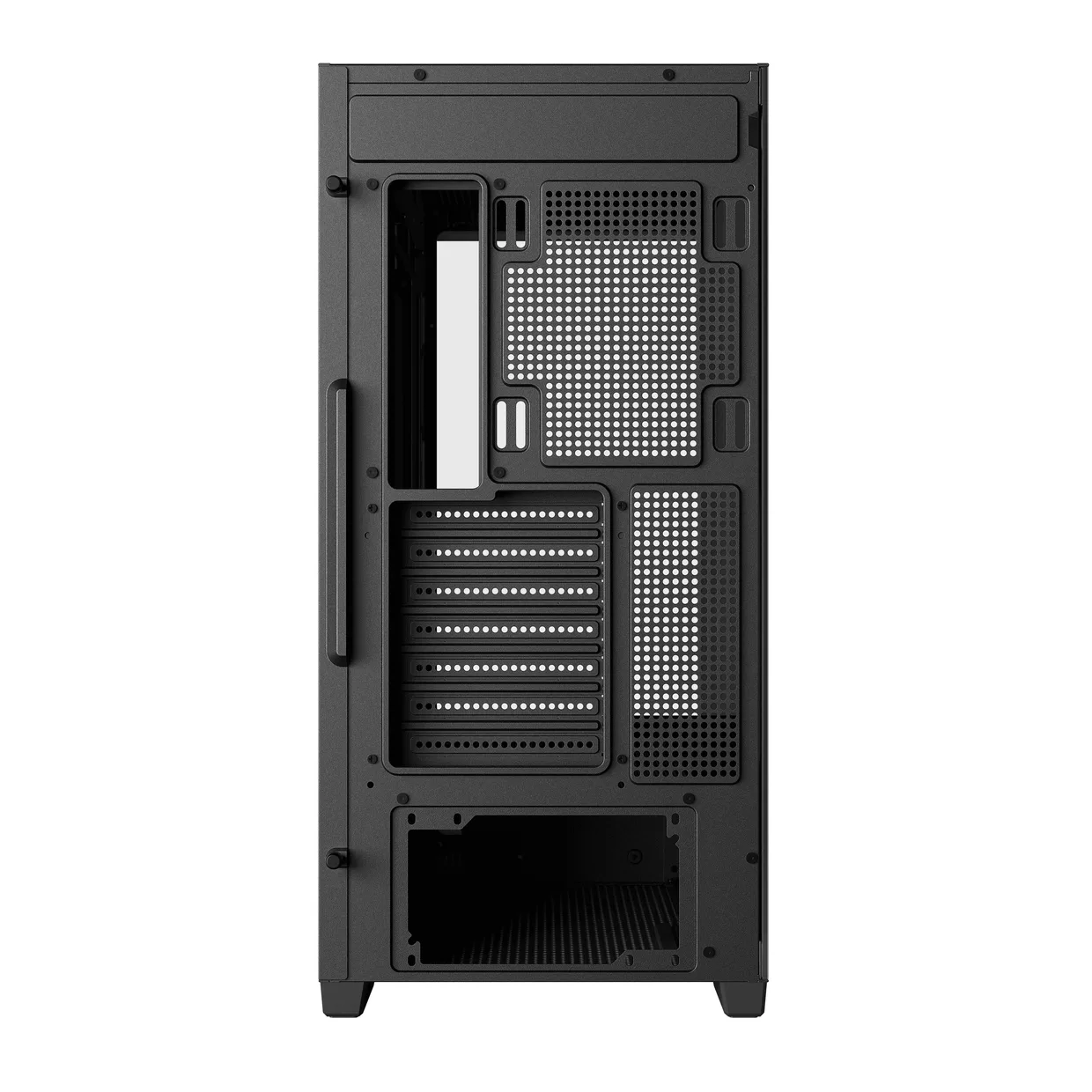 Задняя стенка чёрного корпуса DeepCool CG580 со слотами расширения и отсеком блока питания